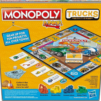 Monopoly Junior Trucks Edition Board Game for Kids Ages 5+, 2-4 Player Kids Games (Amazon Exclusive)