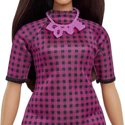 Barbie Fashionistas Doll #188, Curvy with Black Hair, Checkered Dress & Accessories Including Pink Sneakers & Necklace