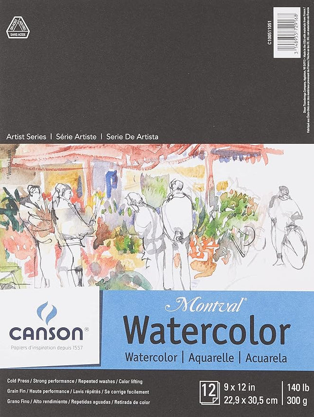 Canson Artist Series Montval Watercolor Paper, Foldover Pad, 9x12 inches, 12 Sheets (140lb/300g) - Artist Paper for Adults and Students - Watercolors, Mixed Media, Markers and Art Journaling