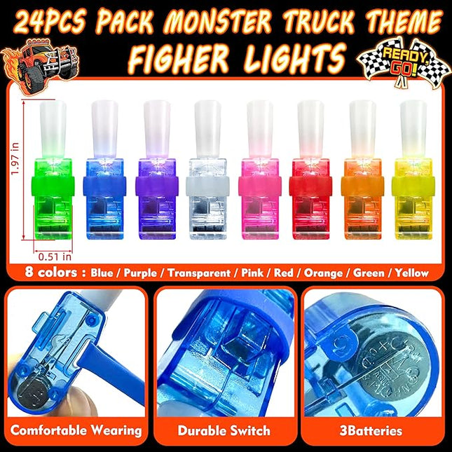 24PCS Monster Truck Party Favors-LED Finger Lights：Glow-in-the-Dark Light-Up Toys Bulk for Kids,Monster Jam Birthday Party Decorations Supplies, Party Goodie Bags, Classroom Prizes, Fun Gifts