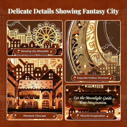 3D DIY Puzzle Moon City Model - LED 3D Wood Puzzle - 3D Wooden Puzzles for Adults Home Décor Gifts for Kids and Adults, Brown