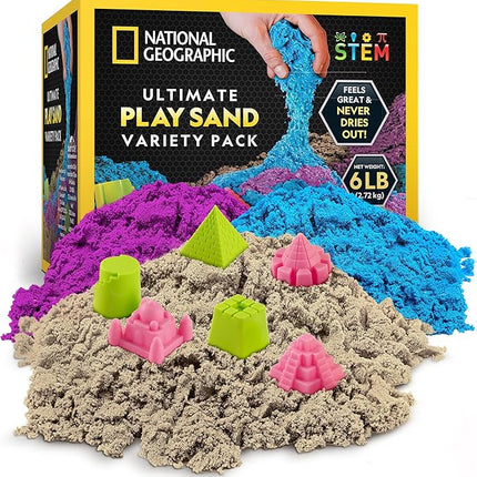 National Geographic 6 Lb. Moon Sand Combo Pack - 2 Lbs. Each of Blue, Purple and Natural Play Sand with Castle Molds - A Fun No Mess Sensory Activity (Amazon Exclusive)