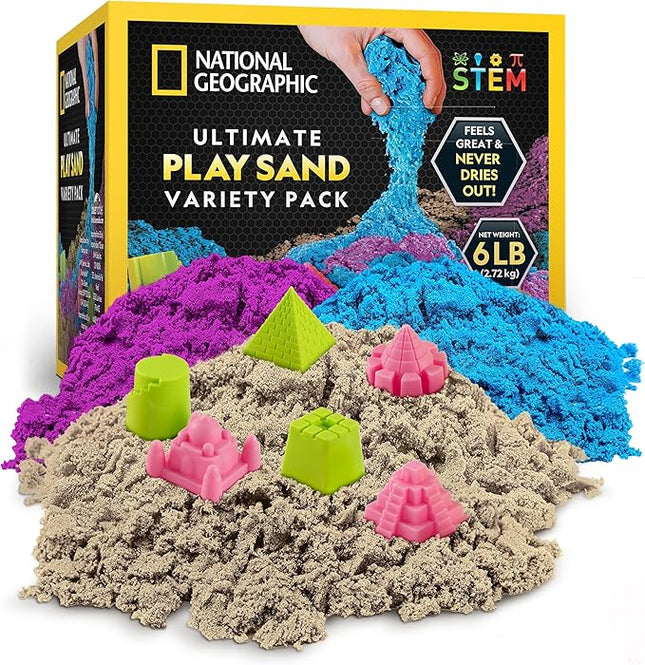 National Geographic 6 Lb. Moon Sand Combo Pack - 2 Lbs. Each of Blue, Purple and Natural Play Sand with Castle Molds - A Fun No Mess Sensory Activity (Amazon Exclusive)