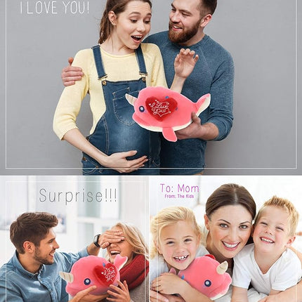 DolliBu I Love You Valentine Plush Pink Narwhal - Cute Stuffed Animal with Red Heart and Name Personalization Gift for Valentine's Day, Birthday, Anniversary - 11.75 Inches