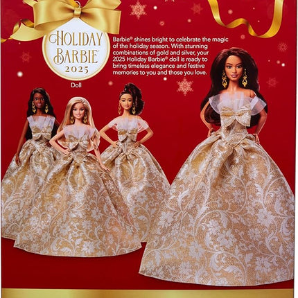 Barbie Signature 2025 Holiday Dark Brown Hair Fashion Doll Wearing Silver & Gold Gown, Seasonal Collector in Displayable Packaging & Stand