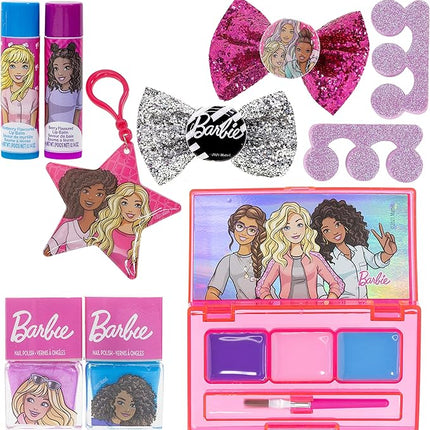 Barbie Backpack Cosmetic Makeup Gift Bag Set 12 Pcs Includes Lip Gloss, Nail Polish & Hair Accessories for Kids Teen Tween Girls, Ages 3+ Perfect for Parties, Sleepovers and Makeovers by Townley Girl
