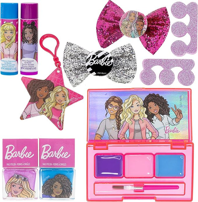 Barbie Backpack Cosmetic Makeup Gift Bag Set 12 Pcs Includes Lip Gloss, Nail Polish & Hair Accessories for Kids Teen Tween Girls, Ages 3+ Perfect for Parties, Sleepovers and Makeovers by Townley Girl