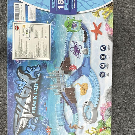 VATOS Track Toys 183 Pcs Shark Race Car Toys for Boys Girls 3 4 5 6 7 9 Year, Bendable Flexible Racetrack Cars with Shark & Ball, Ocean Theme Train Toys, STEM Educational Playset Birthday Gift