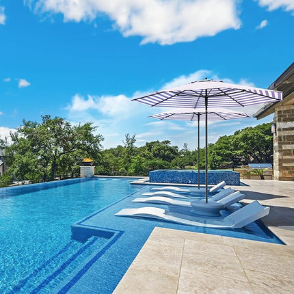 The Wooden 10 Feet Outdoor Umbrella With Terylast Midtown Stripes (Purple/White Stripes) Polyester Fabric - Aluminum Frame Patio Umbrella With Push System For Deck, Garden, Pool - Wooden Pole