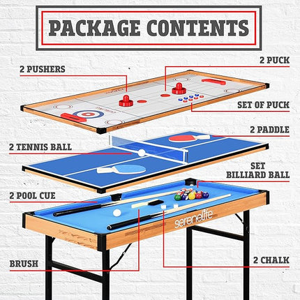 SereneLife 4 in 1 Multi Game Table, 4’x2’ Folding Portable Sports Arcade Games with Accessories, Ping Pong, Air Hockey, Pool Billiards, and Shuffleboard, for Indoor, Outdoor, All Ages