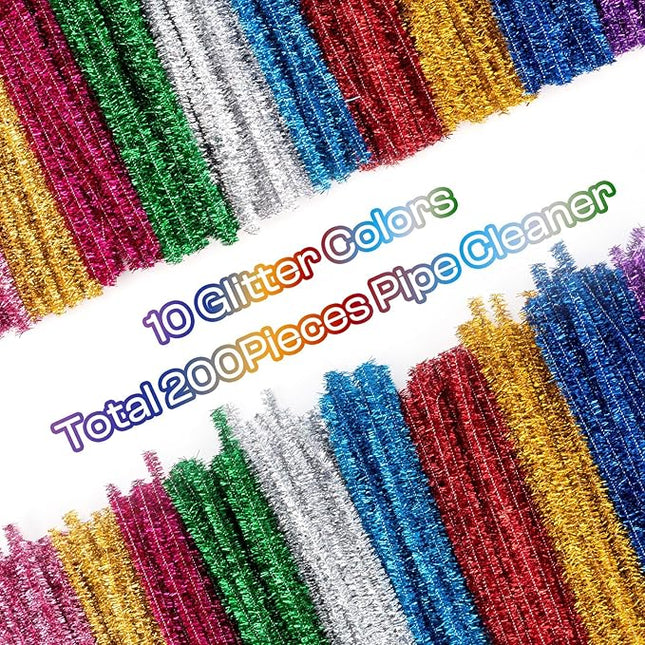 Caydo 200 Pieces Glitter Pipe Cleaners Craft for Kids Creative Art and Craft Project Making, Multicolor Sparkly Chenille Stems for Beaded Jewelry and Valentine's Day Decorations