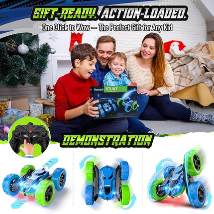 Upgraded RC Car for Kids, 360° Rotating Double Sided Stunt Vehicle with Headlights, 2.4GHz 4WD Remote Control Car, USB-C Rechargeable Electric Toy for Boys & Girls (Blue-Green)