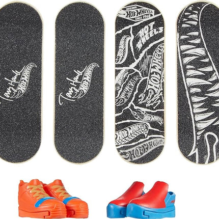 Hot Wheels Skate Tony Hawk Fingerboard & Removable Skate Shoes Multipack, 4 Fully Assembled Boards, 2 Pairs of Skate Shoes, 1 Exclusive Set (Styles May Vary)