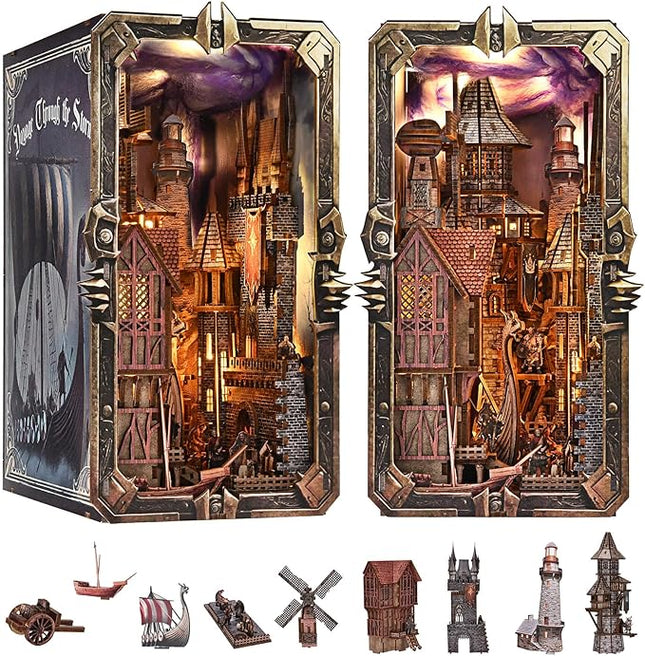 Book Nook Kit - DIY Miniature House Dollhouse Kit for Adults and Teens, Medieval Fantasy Viking Theme Bookshelf Decor 3D Wooden Puzzle Bookend, Gifts for Family, Friends (Voyage Through The Storm)