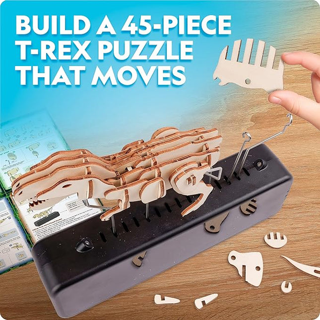 National Geographic Motorized Dinosaur 3D Puzzle - 50-Piece 3D T. Rex Wood Model Kit with Light-Up Motorized Display Base and 8 Light Settings, 3D Puzzles for Kids, Buildable Dinosaur Model