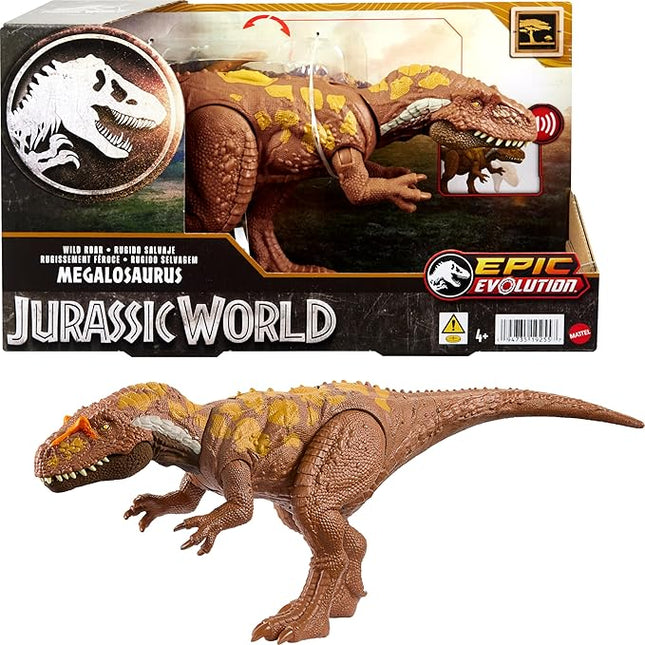 Mattel Jurassic World Wild Roar Dinosaur Toy with Sound & Attack Move, Megalosaurus Posable Action Figure Includes Digital Play, 11 inches Long