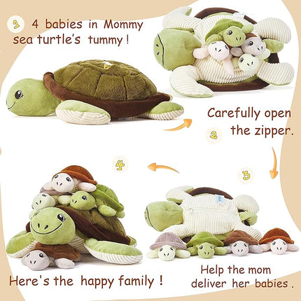 IKASA Mommy Sea Turtle Stuffed Animal Mom and Baby Plush Toy, Cute 15" Soft Small Mama Family Set with Little Babies,Gifts for Kid (Sea Turtle)