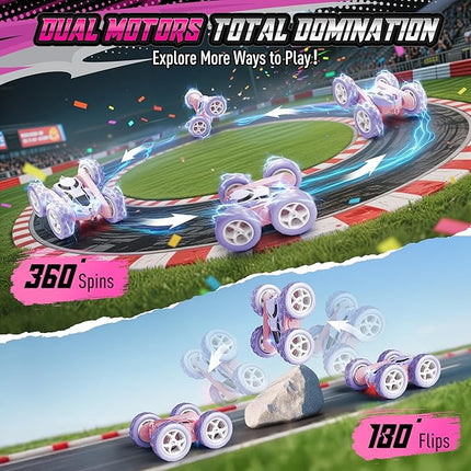 360° Flip RC Car for Girls, Upgraded Dual-Sided Stunt Car with Headlights, 2.4GHz 4WD Remote Control, USB-C Rechargeable Toy Gift for Kids Ages 6+ (Pink-Purple)