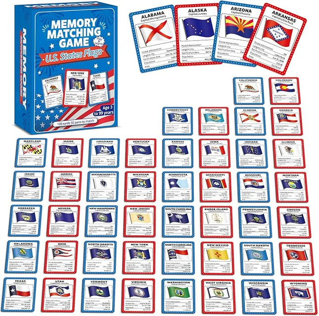 gisgfim 50 Pairs Memory Matching Game Flags of U.S. States Concentration Memory Card Educational Cards Games Geography Learn States Capitals Game Gift for Kid Adults Learning Activities Matching Games