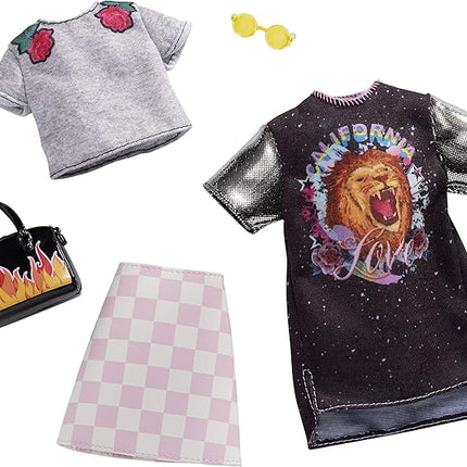 Barbie Clothes - 2 Outfits Doll Include a T-Shirt Dress with Retro Rock Graphic and Flame-Decorated Purse, Gift for 3 to 8 Year Olds