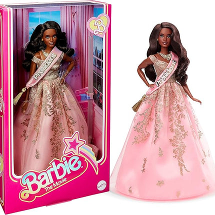 Barbie The Movie Doll, President Collectible Wearing Shimmery Pink & Gold Dress with Sash