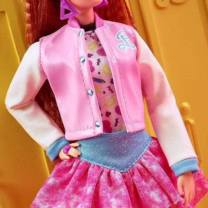 Barbie Rewind Doll, '80s Edition Schoolin' Around Outfit with Varsity Jacket, Acid-Washed Skirt and Rad Accessories