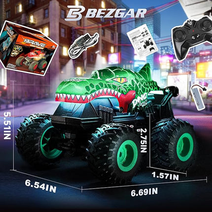 BEZGAR Monster Truck Toys - Remote Control Monster Truck with Light & Music, Dinosaur Toys for Kids, 1:20 Scale RC Truck with 360° Spins and Drifting, Remote Control Car for Boys 4-7