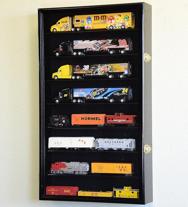 Hot Wheels 1/64 Scale Trailer Rig Model Car Display Case Cabinet w/98% UV Door, Black