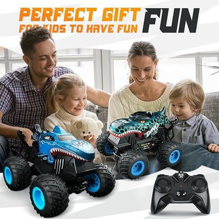 BEZGAR Monster Truck Toys - Remote Control Monster Trucks with Light & Music, Dinosaur Toys for Kids, 1:20 Scale RC Truck with 360° Spins and Drifting, Remote Control Car for Boys with Two Car Shells