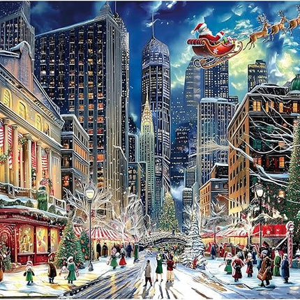 Blueforest Christmas Jigsaw Puzzle 1000 Pieces for Adults - 27.5x19.7 Inches City Night Scene with Santa Sleigh, Challenging Fun Adult Puzzles Home Decor