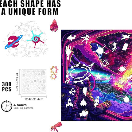 Wooden Jigsaw Puzzle for Adults - Challenging 300 Piece Puzzle with Cool Shapes - Space Astronaut Meteor Puzzle Art - Paranormal Collection (Cosmic Collision)