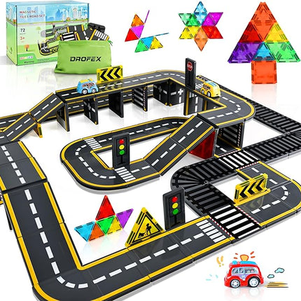 72pcs Upgraded Magnetic Tiles Road & Train Dual-Sided Expansion Pack, Magnetic Building Blocks Construction Toys for 3+Year Old Boys & Girls, Montessori Toys for Toddler, STEM Learning Gifts