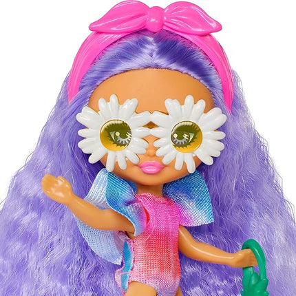 Barbie Extra Mini Minis Travel Doll with Lavender Hair, Tie-Dye Swimsuit with Puff Sleeve & Beach-Themed Accessories