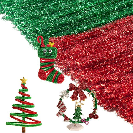 Caydo 200 Pieces Glitter Red & Green Pipe Cleaners, Thick Fluffy Chenille Stems, Pipe Cleaner Crafts for Arts & Crafts, Perfect for Making Animals, Flowers, and Valentine's Day Decorations