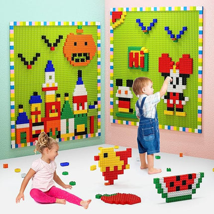 Build On Wall or Table - Customize Building Block Wall, 8 Pack (10" x 20") Self Adhesive Building Base Plate, 440 Pcs Compatible with All Major Brand Brick - Fastest Easiest DIY Fun Wall and Desk