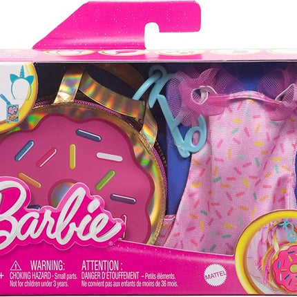 Barbie Clothes and Accessories, Deluxe Keychain Donut Bag with Pink Sprinkle Dress and Candy Themed Accessories for Barbie Dolls