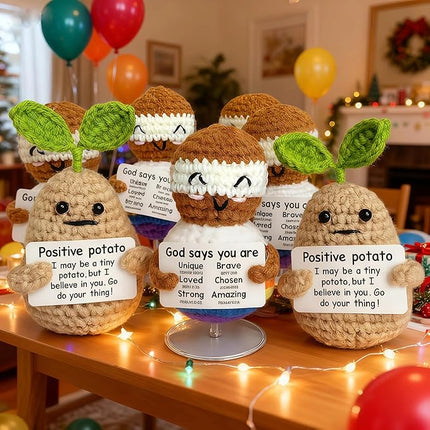 Mini Funny Knitted Wool Potato Toy with Positive Card - Creative Cute Crochet Doll Cheer Up Gift for Friends, Parties, Christmas Decoration and Encouragement