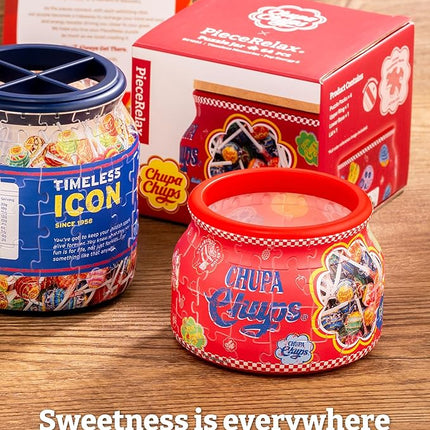 Chupa Chups X PieceRelax 3D Puzzle Jar 64 Plastic Pieces for Adults - Timeless Memories - Pop Energy S Wooden Lid Container for Kitchen Dining Study Living Room No Glue Requied Small [BC1023]