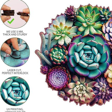 Mys Aurora Unique Wooden Jigsaw Puzzles - Mandala Succulent Plants, 500 Pcs King Size 16.9'' x 16.3'', Luxurious Shaped Wood Puzzle, Beautiful Package, Best Gift for Adults and Kids, Family Game