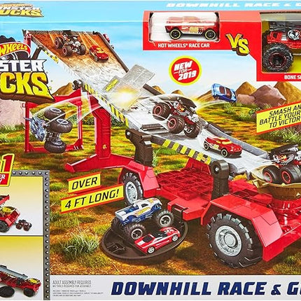 Hot Wheels Monster Trucks Playset, Toy Truck & Car, Down Hill Race & Go with 1:64 Scale Bone Shaker & 1:64 Scale Vehicle