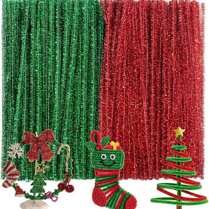 Caydo 200 Pieces Glitter Red & Green Pipe Cleaners, Thick Fluffy Chenille Stems, Pipe Cleaner Crafts for Arts & Crafts, Perfect for Making Animals, Flowers, and Valentine's Day Decorations