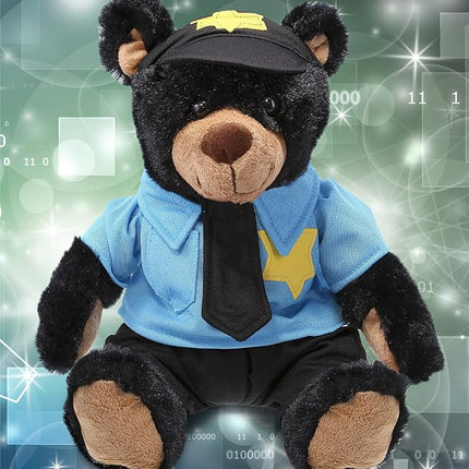 DolliBu Black Bear Police Officer Plush Toy - Super Soft Plush with Red Plaid Hoodie Stuffed Animal with Cute Cop Uniform and Cap Outfit - Gift with Personalization - 10 Inches