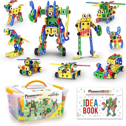 PicassoTiles 201pc STEM Learning Block Construction Kit with Power Drill and Clickable Ratchet Educational Engineering Toy Set Kids Age 3 Plus Preschool Activity Creative Play with Idea Book PTN201