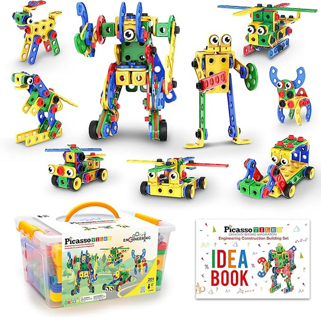 PicassoTiles 201pc STEM Learning Block Construction Kit with Power Drill and Clickable Ratchet Educational Engineering Toy Set Kids Age 3 Plus Preschool Activity Creative Play with Idea Book PTN201