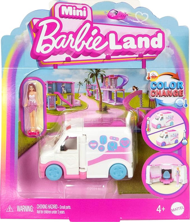Barbie Mini BarbieLand Doll & Toy Vehicle Set with 1.5-inch Doll, Color-Change Care Clinic Vehicle & Medical Office