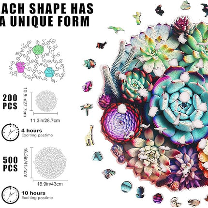 Mys Aurora Unique Wooden Jigsaw Puzzles - Mandala Succulent Plants, 500 Pcs King Size 16.9'' x 16.3'', Luxurious Shaped Wood Puzzle, Beautiful Package, Best Gift for Adults and Kids, Family Game