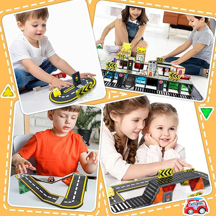 72pcs Upgraded Magnetic Tiles Road & Train Dual-Sided Expansion Pack, Magnetic Building Blocks Construction Toys for 3+Year Old Boys & Girls, Montessori Toys for Toddler, STEM Learning Gifts