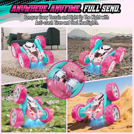 Pink RC Car for Girls, 360° Spinning Stunt Remote Control Vehicle with Lights, Upgraded 4WD Toy Rechargeable via USB-C, 2.4GHz Fast Electric Gift for Girls Age 6+ (Pink)