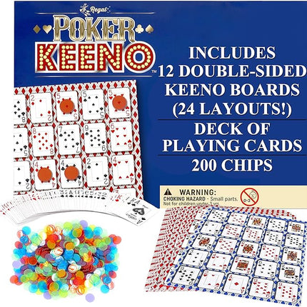 Regal Games - Poker Keeno Bulk Game Set - Includes 12 Two-Sided Boards, 200 Scoring Chips, 1 Deck of Standard Poker Cards - 24 Unique Board Layouts- Casino Night Card Game- Compatible with Poker Keno