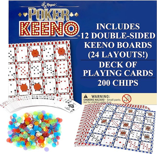 Regal Games - Poker Keeno Bulk Game Set - Includes 12 Two-Sided Boards, 200 Scoring Chips, 1 Deck of Standard Poker Cards - 24 Unique Board Layouts- Casino Night Card Game- Compatible with Poker Keno